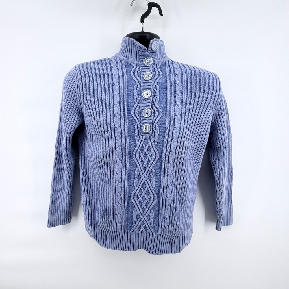 Karen Scott Sweater Womens Medium Blue Cotton Cable Knit Ribbed Button Mock Neck